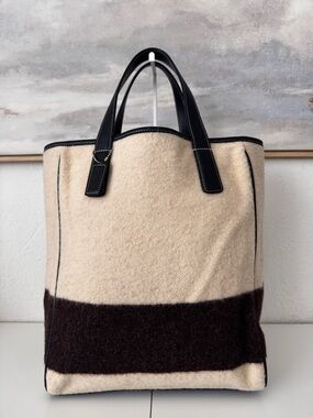 Coach Two-Tone Wool Tote in Cream and Brown with Black Leather Handles